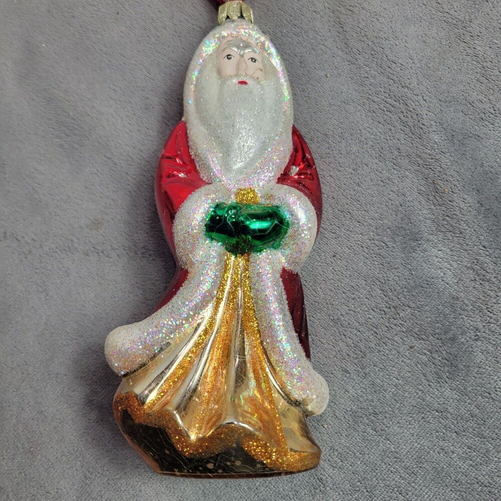 Vintage Glitter Santa Claus Glass Christmas Ornament 7" Red & Gold Festive Holid